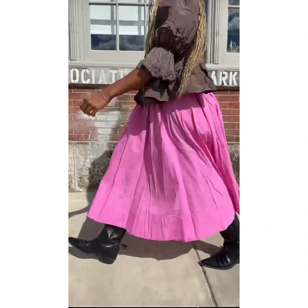 Free People Lowen Midi Skirt Sugar Magnolia Pink Pleated Billowy A-line Sz L